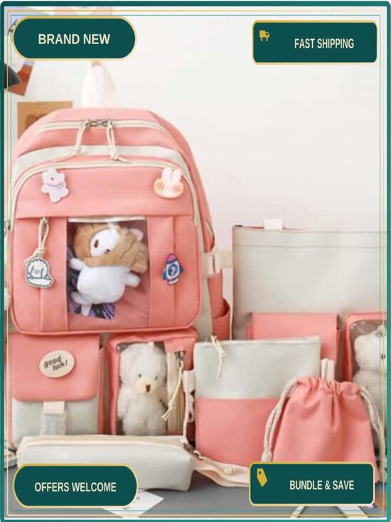 Kawaii Waterproof Nylon 5-Piece Backpack Set with Cute Plush Pendants main image 4